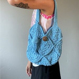 Handmade in Bali, Baby Blue Crochet Purse with Bamboo Button Closure. New!